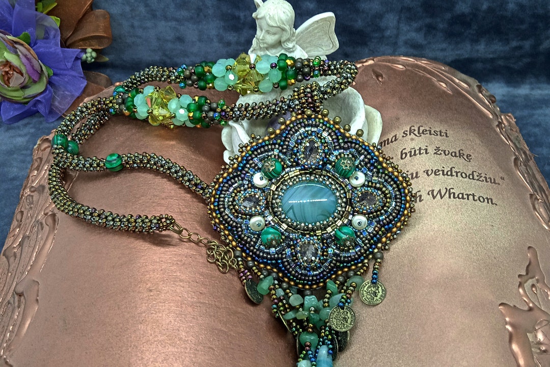 Bead Embroidery Pendant Necklace.aventurine Pendant.bead Embroidery