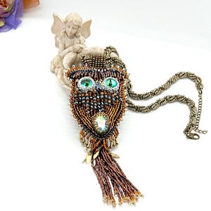 Brown beaded owl necklace.Embroidery necklace.Seed bead owl pendant.Seed bead bird.Handmade jewelry.