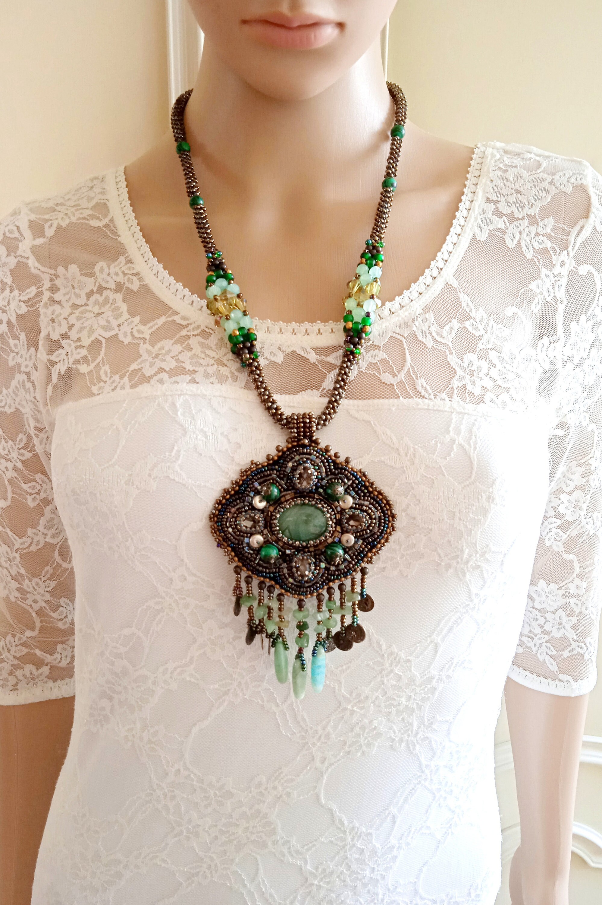 Bead Embroidery Pendant Necklace.aventurine Pendant.bead Embroidery