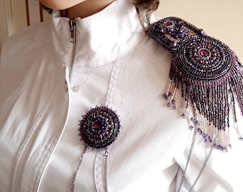 Epaulette With Brooch Shoulder Tassel Chain.Epaulette Beaded Embroidered.Shoulder Jewelry Fringe Shoulder Pad Fringe Neck Piece .Jewelry