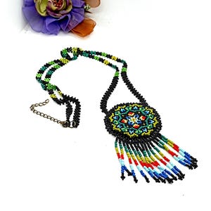 Native style beaded necklae.Huichol jewelry.Boho Seed bead necklace.Huichol necklace.American indian beadwork.Etnic beadwork medallion.