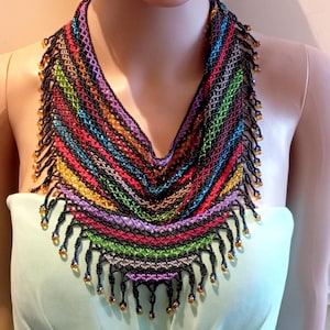 Multicolored netted bead scarf.Fringe necklace.Detachable seed bead collar choker necklace.Removable bib collar.Beadwork art necklace