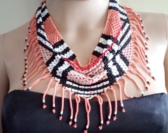 Multicolored netted bead scarf.Fringe necklace.Detachable seed bead collar choker necklace.Removable bib collar.Beadwork art necklace