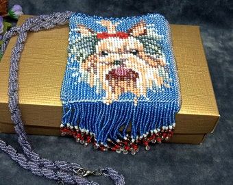 Seed bead dog pouch necklace.Bead crochet pouch.Fringed pendant.Handmade jewelry.Large dog pouch necklace.Animal lovers gift.Dog lover gift.