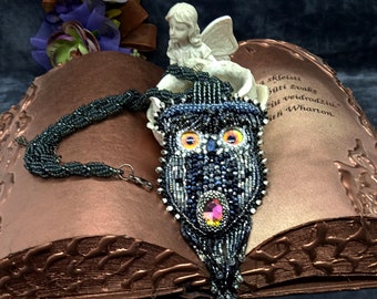 Gray beaded owl necklace.Bead embroidery necklace.Seed bead owl pendant.Seed bead bird.Handmade jewelry.Boho bib neckllace.
