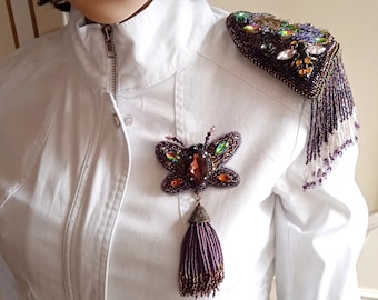 Epaulette With Brooch Shoulder Tassel Chain.Epaulette Beaded Embroidered Shoulder Jewelry Handmade Fringe Shoulder Pads Great Gift