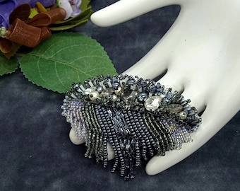 Feather brooch bead embroidered.Gray leaf.Gifts for women.Costume brooches.Rhinestone brooch.Handmade jewelry.Mothers day.