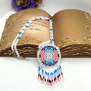 Native style beaded necklae.Huichol jewelry.Boho Seed bead necklace.Huichol necklace.American indian beadwork.Etnic beadwork medallion.