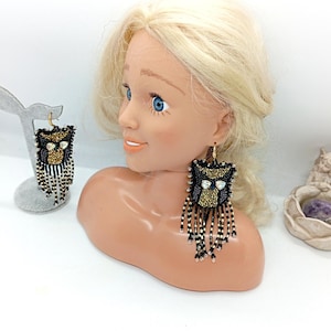 Long owl bead fringe earrings.Bead embroidered owl earrings.Handmade jewelry.Handmade bird earrings.Birthday gifts.Owl jewelry.Beaded owl.