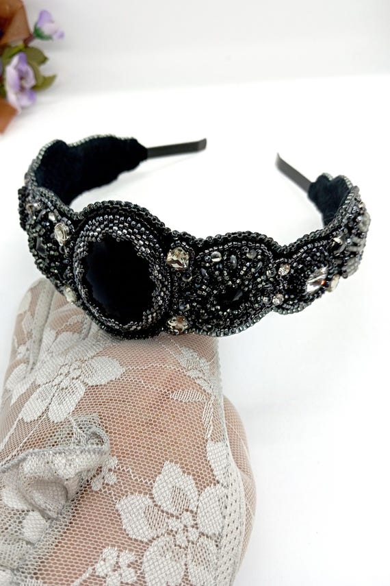 Black beaded statement headband Black Sparkly Headband Beaded Headband | Black Headband  main image 3