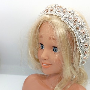 White beige bead bead embroidery headband.Headband for women.Victorian style headband Handmade hair accessories.Statement headband.