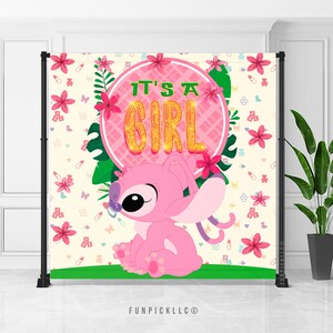 Engel-Babyparty-Banner | Stich und Engel Hintergrund | Stich offenbaren Wanddekor | Baby offenbaren Zeichen | Personalisiertes Banner |Digital Download | ANG02