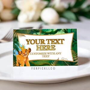 Etiqueta de comida DIY del Rey León, Carpa de comida para revelar el género, temática de Simba y Nala, Tarjeta de lugar de El Rey León - LKG04