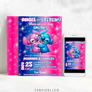 Invitación de Stitch y Angel para bricolaje, invitación electrónica para revelación de género, tema de Stitch y Angel, invitación imprimible para revelación de género - STA01