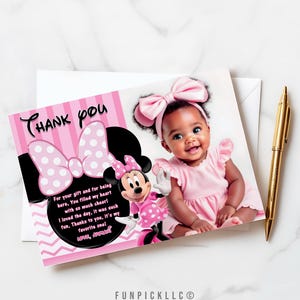 Cartão de agradecimento da Minnie para DIY, cartão de felicitações do Mickey, tema da Minnie rosa, cartão personalizado da Minnie dourada - MYM09