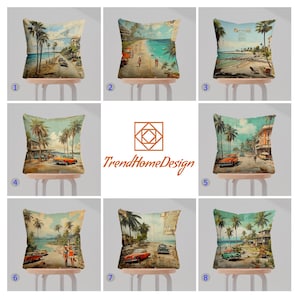 Vintage Palm Tree Beach Pillow Cover, Tropical Beach Car Pillow Case, Retro Beach Scene Pillow Covers, Palm Tree Beach Cushion Cover