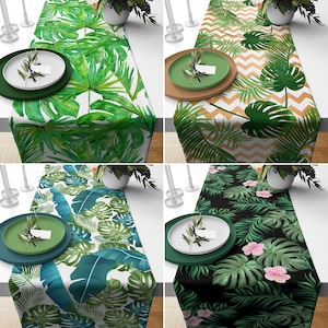 Floral Leaves Table Runner, Green Kitchen Runner, Monstera Tablecloth, Fresh Table Decor, Housewarming Gifts, Green Plants Table Runner
