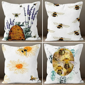 Yellow Bee Pillow Covers, Bee On Flowers Pillow, Floral Bee Cushion, Housewarming Bee Pillow, Farmhouse Bee Cushion Cover, Bee Throw Pillow