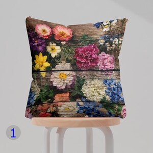 Vibrant Floral Pillow Cover, Rustic Wood Cushion Case, Colorful Garden Flowers Throw Pillow Cover, Decorative Home Accent Pillow Cases