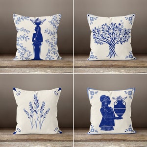 Blue Abstract Floral Throw Pillow Cover, Dark Blue Mediterranean Pillow Case, Tile Pattern Pillow Cover, Farmhouse Style Authentic Pillow