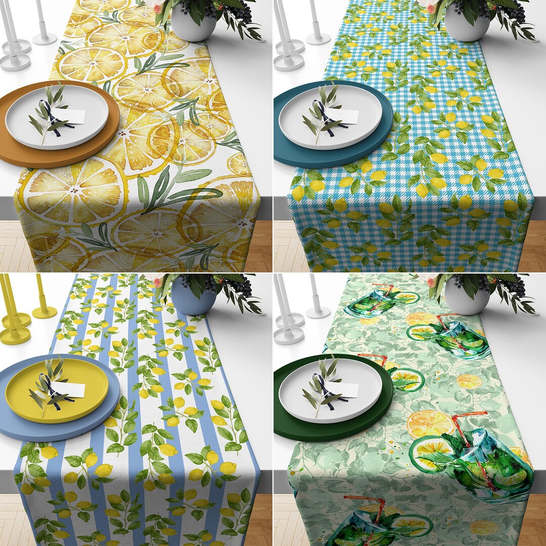 Lemon Table Runner, Floral Lemons Geometric Design Table Decor, Summer