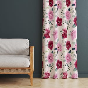 Pink Floral Curtain Panels, Floral Print Drapery, Watercolor Rose Curtain, Watercolor Rose Window Treatment, Pink Flower Window Curtain