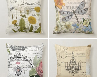 Yellow Bee Pillow Covers, Bee On Flowers Pillow, Floral Bee Cushion, Housewarming Bee Pillow, Farmhouse Bee Cushion Cover, Bee Throw Pillow