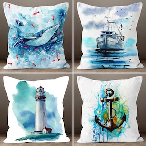 Beach House Pillow Cover, Ship Pillowcase, Lighthouse Nautical Cushion, Anchor Throw Pillow, Blue Whale Decor, Housewarming Gift