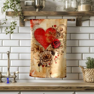 Juego de 2 toallas de mano con forma de corazón floral, toalla de cocina con forma de corazón y carta de amor, toalla de cocina con forma de cofre del tesoro con forma de corazón vintage y toallas de cocina con forma de corazón estilo shabby chic