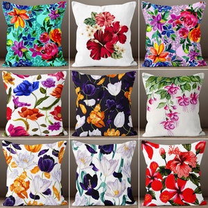 Floral Pillow Cover, Summer Trend Cushion Case, Colorful Flowers Home Decor Pillowcase, Flowers and Leaves Home Decor, Housewarming Pillow