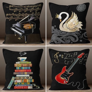 Music Lover Piano Print Pillow Cover, Guitar Throw Pillow Cover, Music Cushion Cover, Decorative Pillow Covers, Swan Pillow Cover