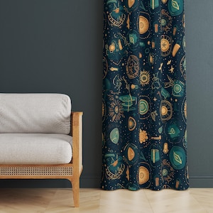 Mystical Celestial Pattern Curtains, Boho Astrology Art Drapes, Dark Academia Occult Curtain Panels, Mystic Sun Moon Star Curtain Panel