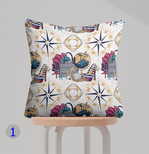 Nautical Travel Pillow Cover, Globe Compass Cushion Covers