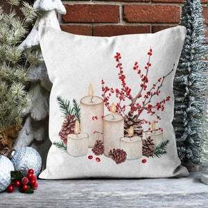 Pine Branch with Pine Cone and Berry Pillow, Christmas Pillow, Pine Pillow, Candle Patterned Pillow Cover, Christmas Gift, Christmas Pillow