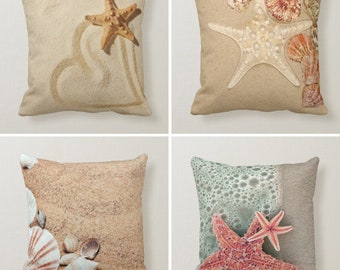 Nautical Beach House Pillow Cover, Starfish Pillowcase, Coral Colorful Cushion, Sea Shell Throw Pillow, Coastal Decor, Housewarming Gift