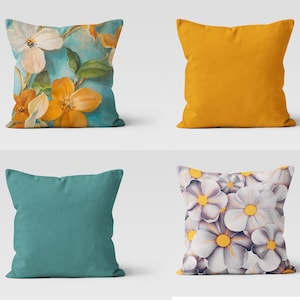 Floral Pillow Covers, Turquoise Throw Pillow Case, Summer Trend Cushion Cover, Yellow Decorative Sofa Pillow, Housewarming Gift