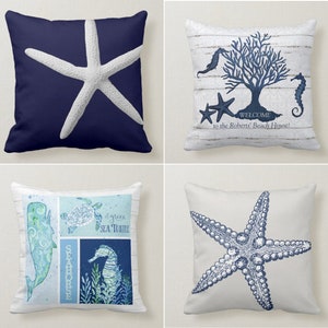 Nautical Beach House Pillow Cover, Starfish Pillowcase, Coral Colorful Cushion, Sea Shell Throw Pillow, Coastal Decor, Housewarming Gift