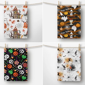Set of 2, Happy Halloween Tea Towel, Trick or Treat Trend Towel, Carved Pumpkin Dish Towel, Pumpkin and Black Cat Dish Towel