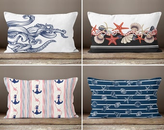 Nautical Beach House Pillow Cover, Starfish Pillowcase, Octopus Nautical Cushion, Sea Shell Throw Pillow, Coastal Decor, Housewarming Gift