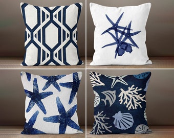 Nautical Beach House Pillow Cover, Starfish Pillowcase, Dark Blue Nautical Cushion, Sea Shell Throw Pillow, Coastal Decor, Housewarming Gift