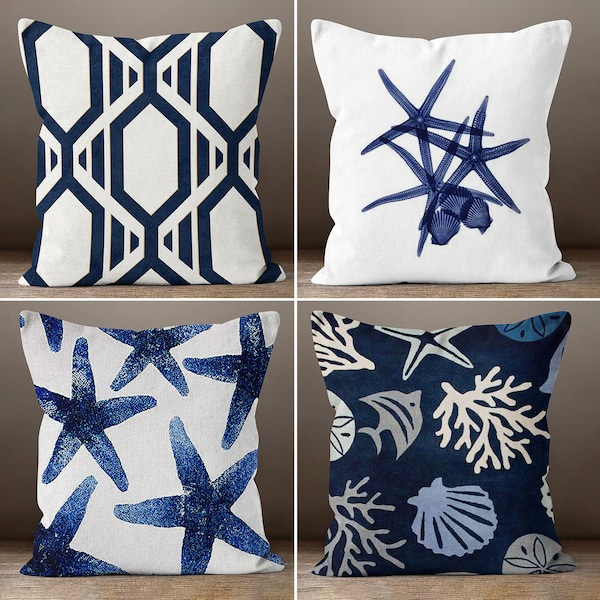 Nautical Beach House Pillow Cover, Starfish Pillowcase, Dark Blue Nautical Cushion, Sea Shell Throw Pillow, Coastal Decor, Housewarming Gift