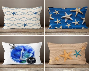 Nautical Beach House Pillow Cover, Starfish Pillowcase, Coral Nautical Cushion, Sea Shell Throw Pillow, Coastal Decor, Housewarming Gift