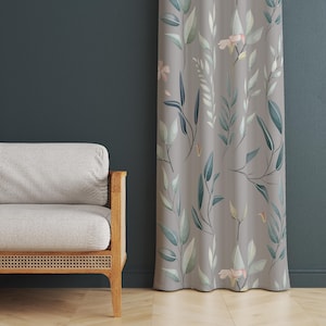 Botanical Leaf Print Curtain, Green Foliage Pattern Drapes, Modern Floral Window Treatment, Decorative Plant Print for Living Room