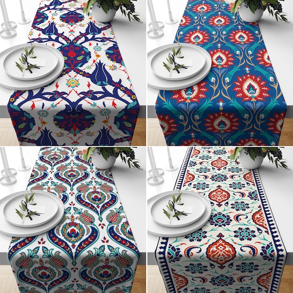 Tulip Pattern Table Runner, Turkish Style Kitchen Runners, Tile Design Tablecloth, Ethnic Home Textile, Housewarming Gift, Gift for Her