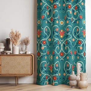Teal Floral Curtain Panel, Vintage Floral Pattern Curtains, Organic Botanical Curtain Panels, Mid-Century Modern Floral Window Curtain