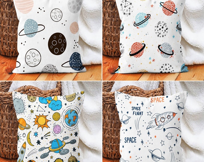 Planets Stars Cushion Cover, Kids Pillowcase, Space Themed Pillow Cover, Nursery Boho Bedding Decor, Housewarming Cushion, Gift for Kids