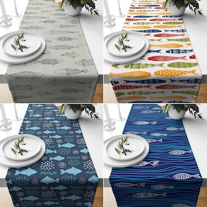Blue Table Runner, Fish Design Runner, Nautical Tablecloth, Aqua Table Decor, Housewarming Gift, Dining Room Decor, Beach House Table Runner