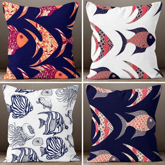 Beach House Pillow Cover, Fish Pillow Cover, Decorative Nautical