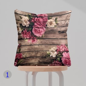 Pink Roses Pillow Cover, Rustic Wood Cushion Case, Floral Throw Pillow Cover, Farmhouse Decor Pillow Cases, Rose Garden Design Pillowcases