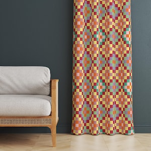 Vibrant Geometric Printed Curtain, Warm-Toned Pixelated Window Treatment, Modern Mosaic Living Room Decor, Checkered Home Style Curtain
